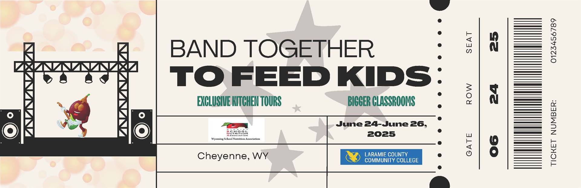Imange of a ticket labelled: Band together to Feed Kids